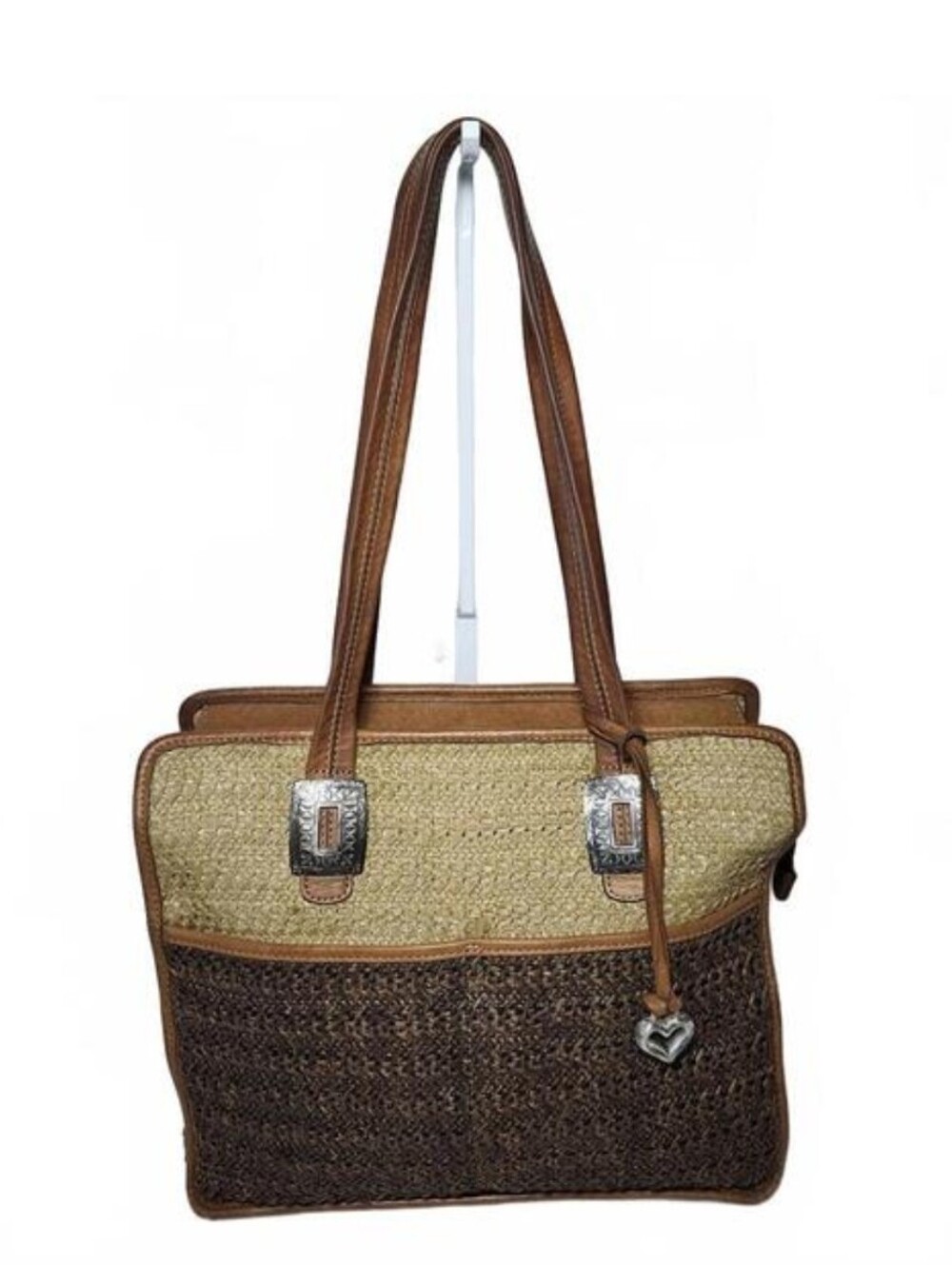 Brighton Woven Tote Brown Tan Straw Leather Shoulder Bag Chic F115145